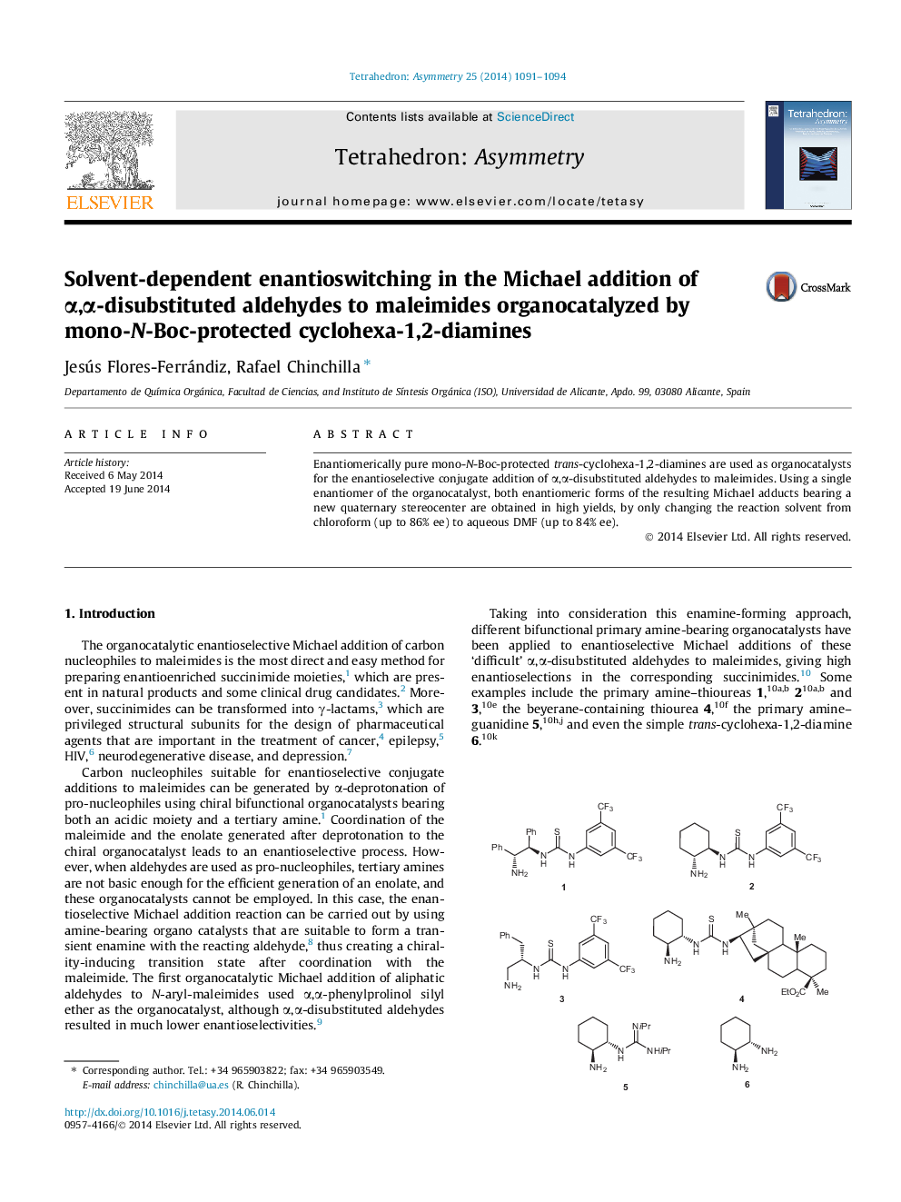 Solvent-dependent enantioswitching in the Michael addition of α,α-disubstituted aldehydes to maleimides organocatalyzed by mono-N-Boc-protected cyclohexa-1,2-diamines