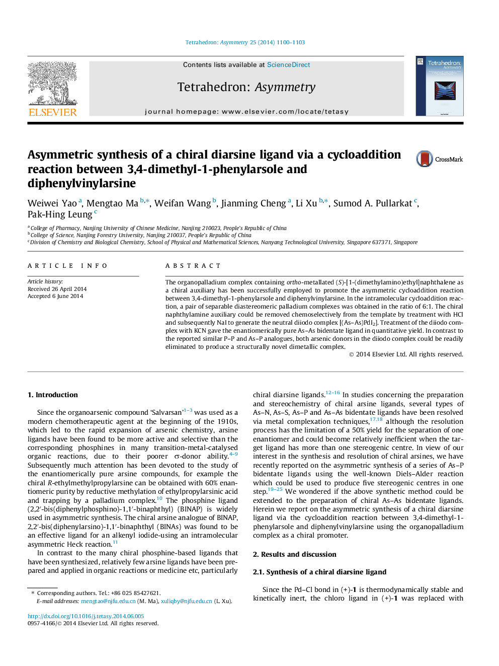 Asymmetric synthesis of a chiral diarsine ligand via a cycloaddition reaction between 3,4-dimethyl-1-phenylarsole and diphenylvinylarsine