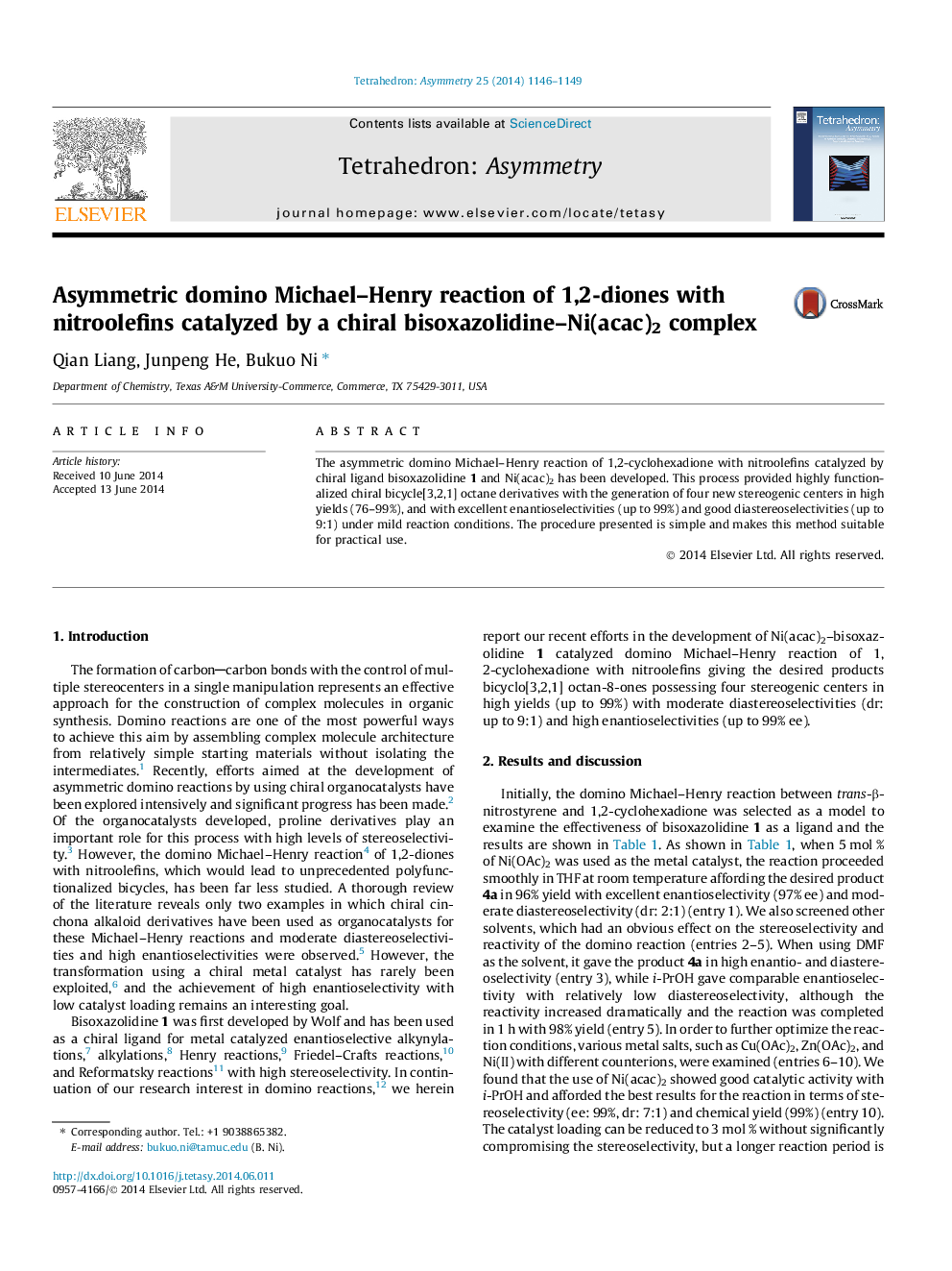 Asymmetric domino Michael–Henry reaction of 1,2-diones with nitroolefins catalyzed by a chiral bisoxazolidine–Ni(acac)2 complex