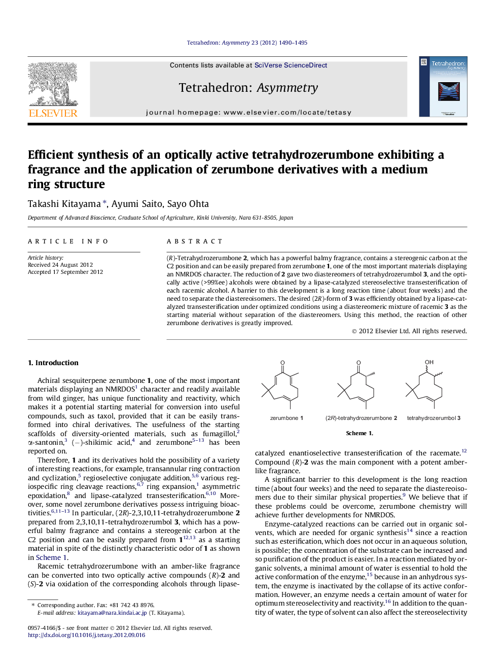 عکس صفحه اول مقاله: Efficient synthesis of an optically active tetrahydrozerumbone exhibiting a fragrance and the application of zerumbone derivatives with a medium ring structure Efficient synthesis of an optically active tetrahydrozerumbone exhibiting a fragrance and the application of zerumbone derivatives with a medium ring structure