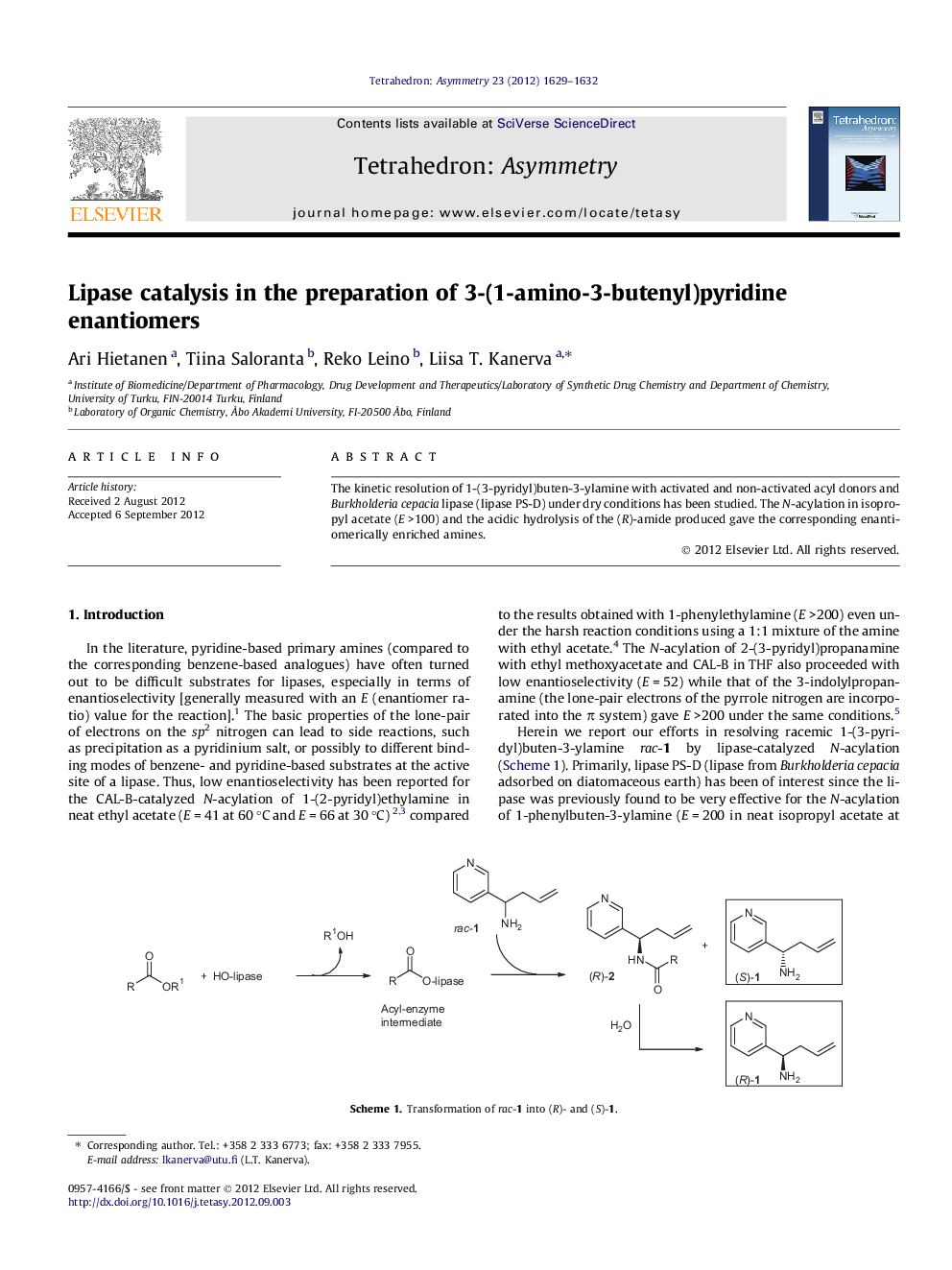 Lipase catalysis in the preparation of 3-(1-amino-3-butenyl)pyridine enantiomers