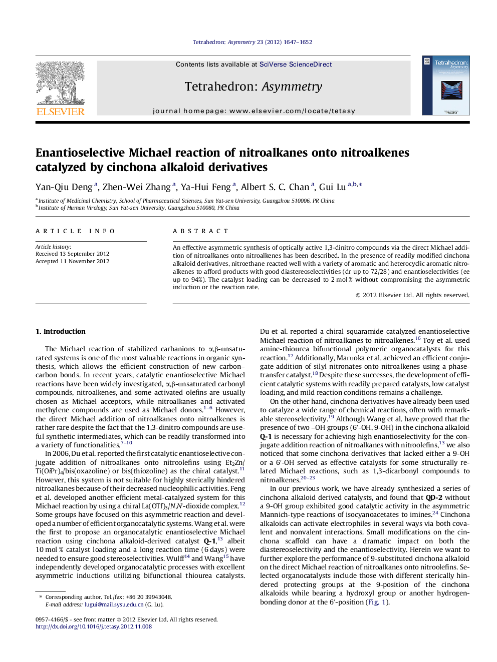 Enantioselective Michael reaction of nitroalkanes onto nitroalkenes catalyzed by cinchona alkaloid derivatives
