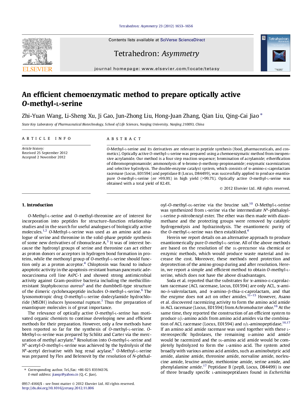 An efficient chemoenzymatic method to prepare optically active O-methyl-l-serine