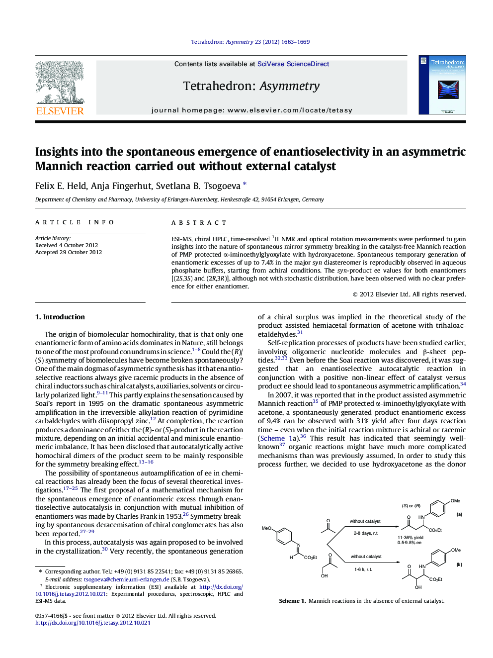 Insights into the spontaneous emergence of enantioselectivity in an asymmetric Mannich reaction carried out without external catalyst †