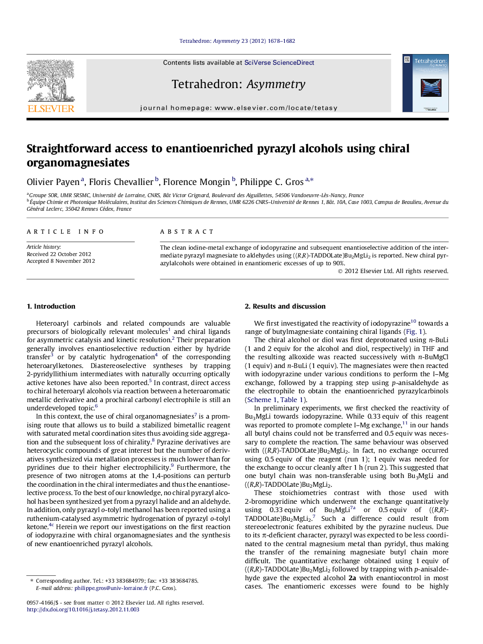 Straightforward access to enantioenriched pyrazyl alcohols using chiral organomagnesiates