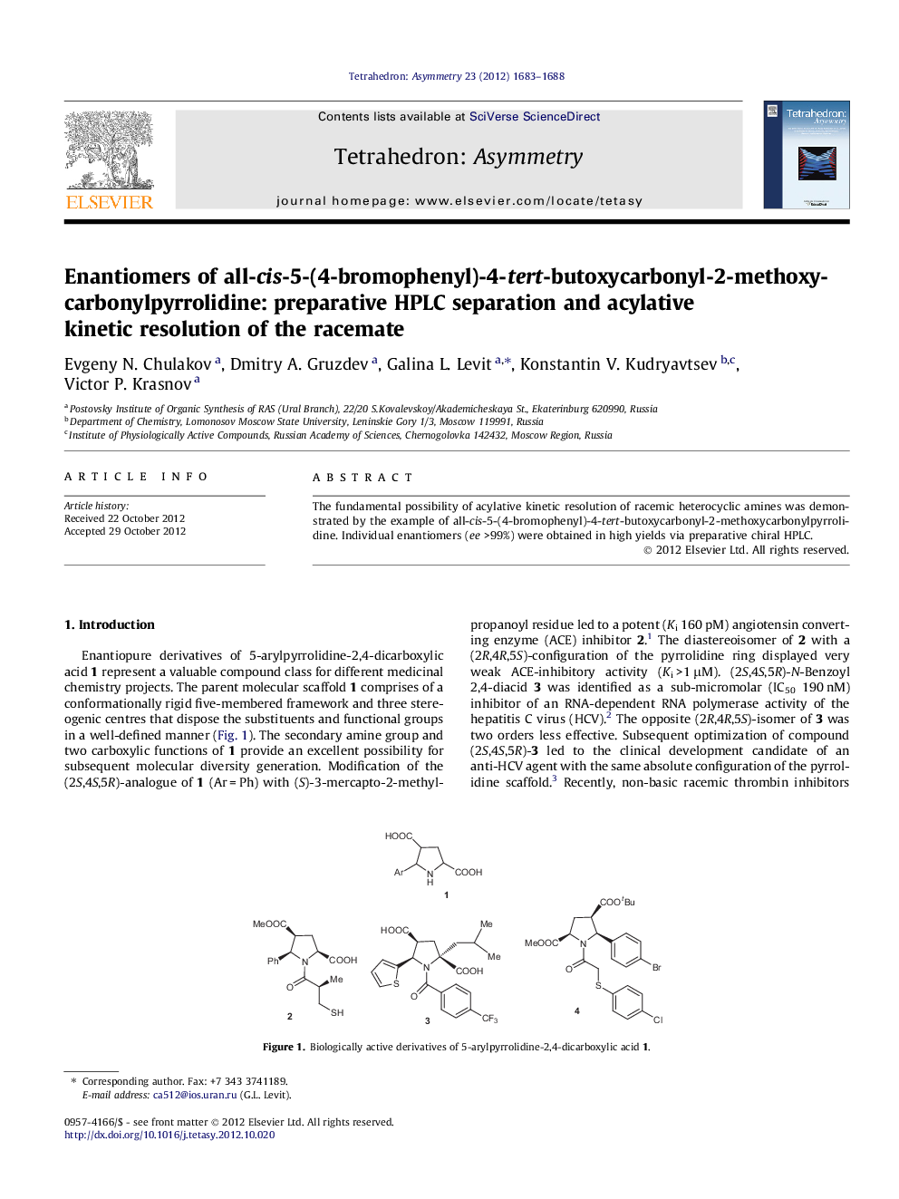 Enantiomers of all-cis-5-(4-bromophenyl)-4-tert-butoxycarbonyl-2-methoxycarbonylpyrrolidine: preparative HPLC separation and acylative kinetic resolution of the racemate
