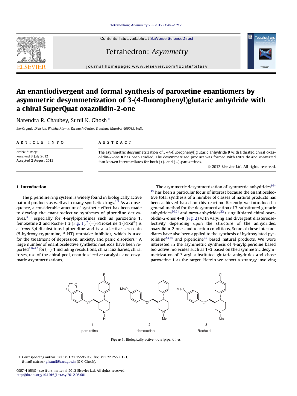 An enantiodivergent and formal synthesis of paroxetine enantiomers by asymmetric desymmetrization of 3-(4-fluorophenyl)glutaric anhydride with a chiral SuperQuat oxazolidin-2-one