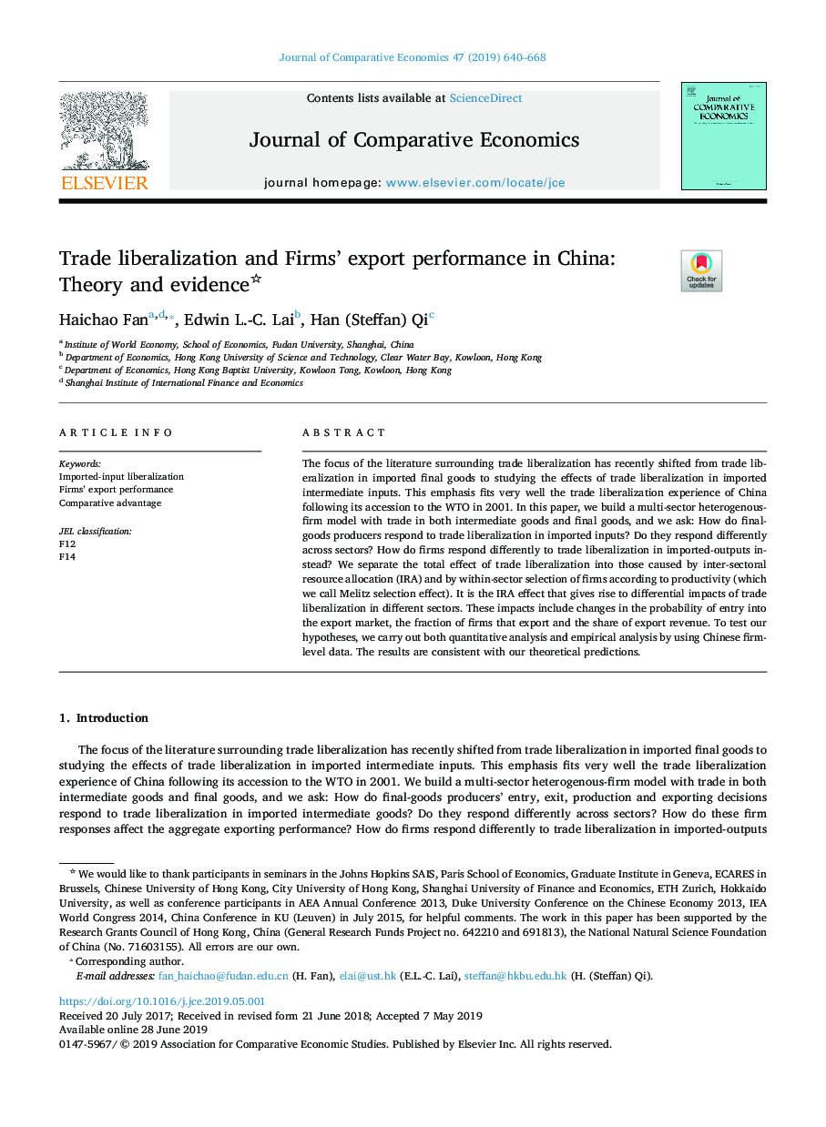 Trade liberalization and Firms' export performance in China: Theory and evidence