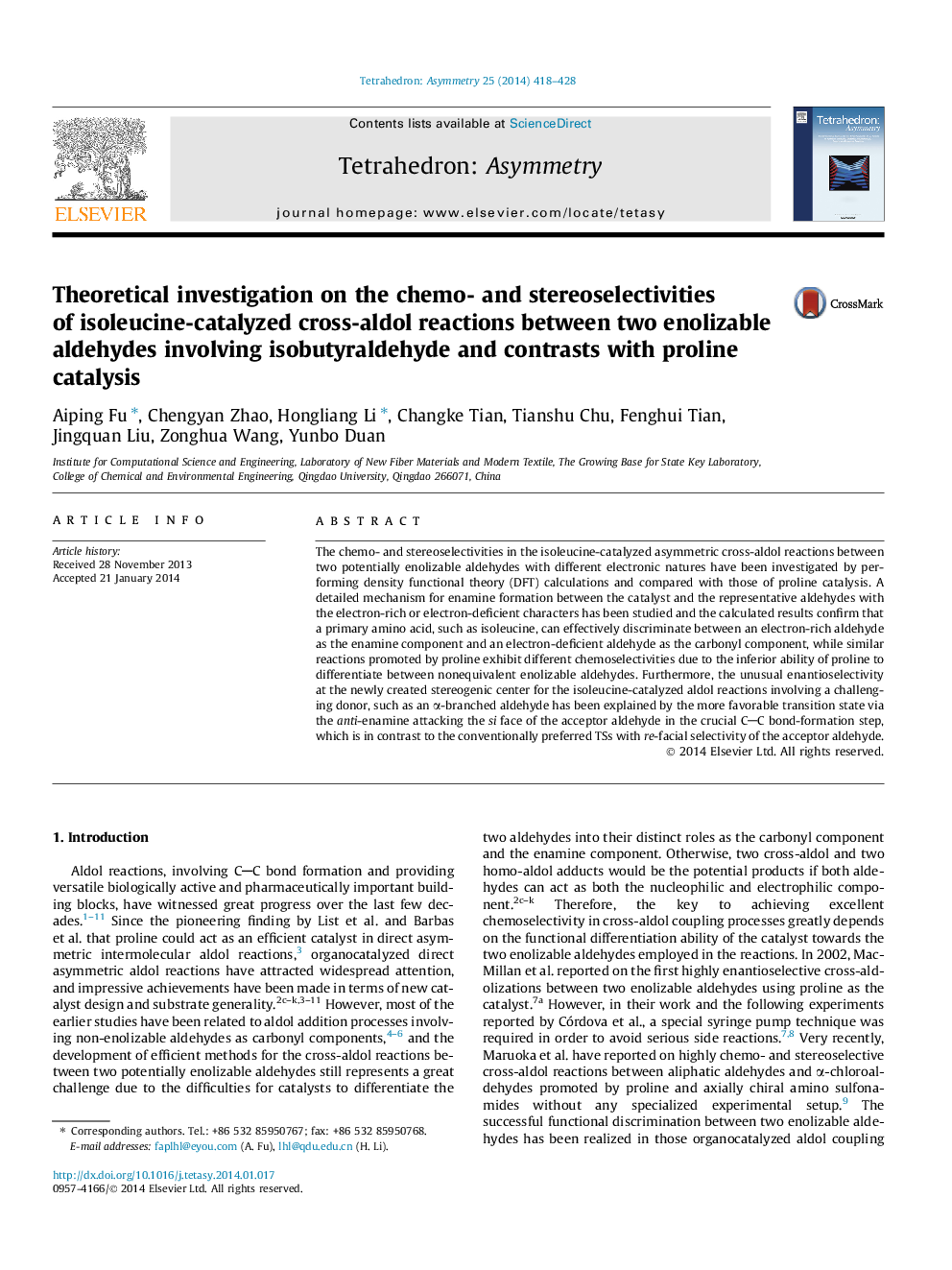 Theoretical investigation on the chemo- and stereoselectivities of isoleucine-catalyzed cross-aldol reactions between two enolizable aldehydes involving isobutyraldehyde and contrasts with proline catalysis
