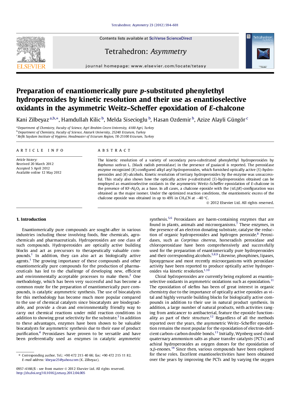 Preparation of enantiomerically pure p-substituted phenylethyl hydroperoxides by kinetic resolution and their use as enantioselective oxidants in the asymmetric Weitz–Scheffer epoxidation of E-chalcone
