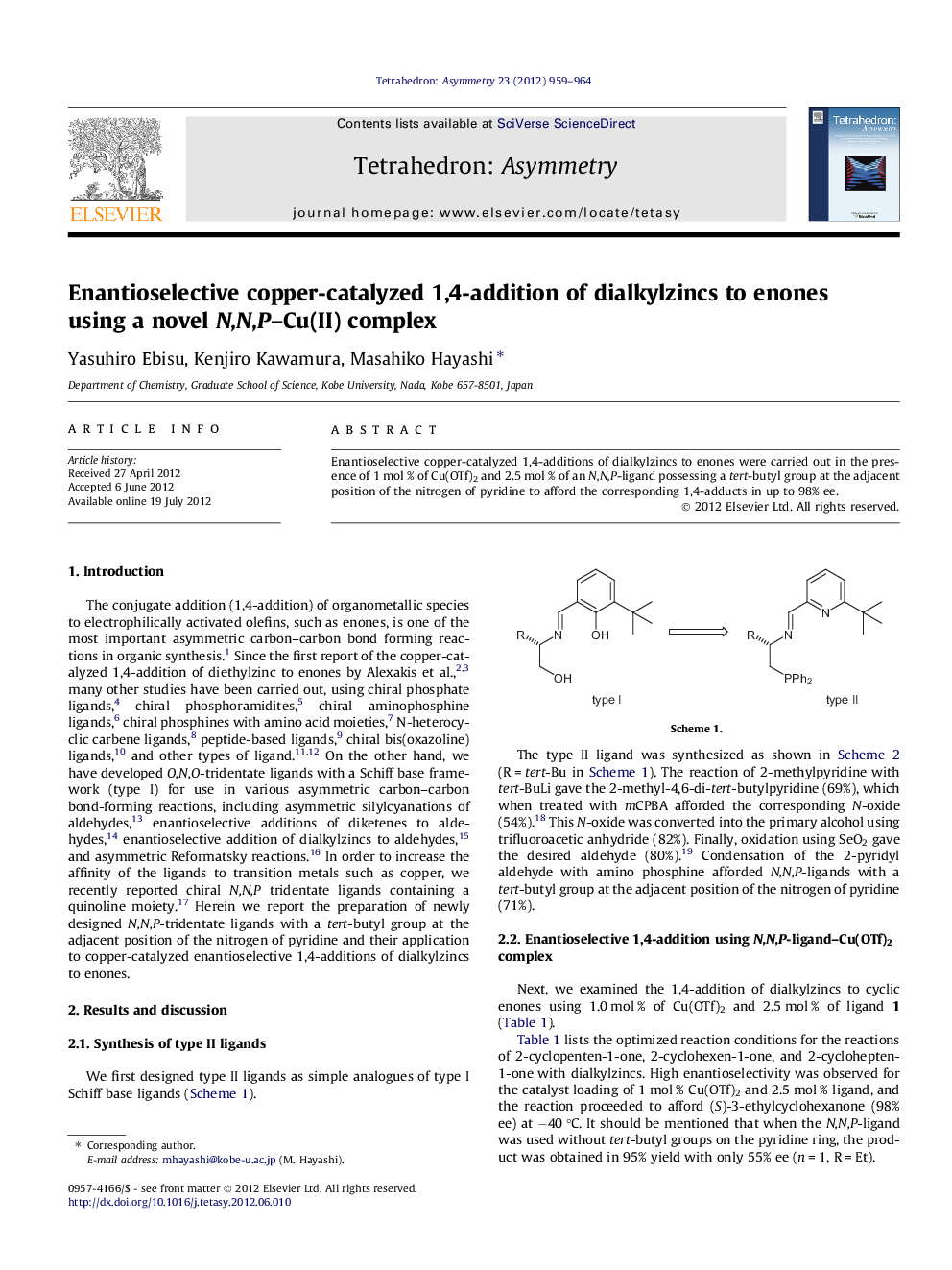 Enantioselective copper-catalyzed 1,4-addition of dialkylzincs to enones using a novel N,N,P–Cu(II) complex
