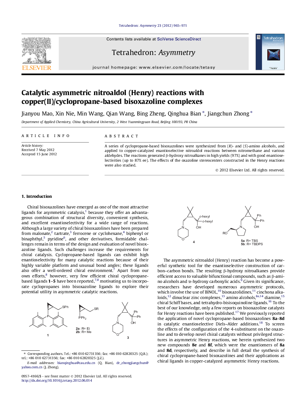 Catalytic asymmetric nitroaldol (Henry) reactions with copper(II)/cyclopropane-based bisoxazoline complexes