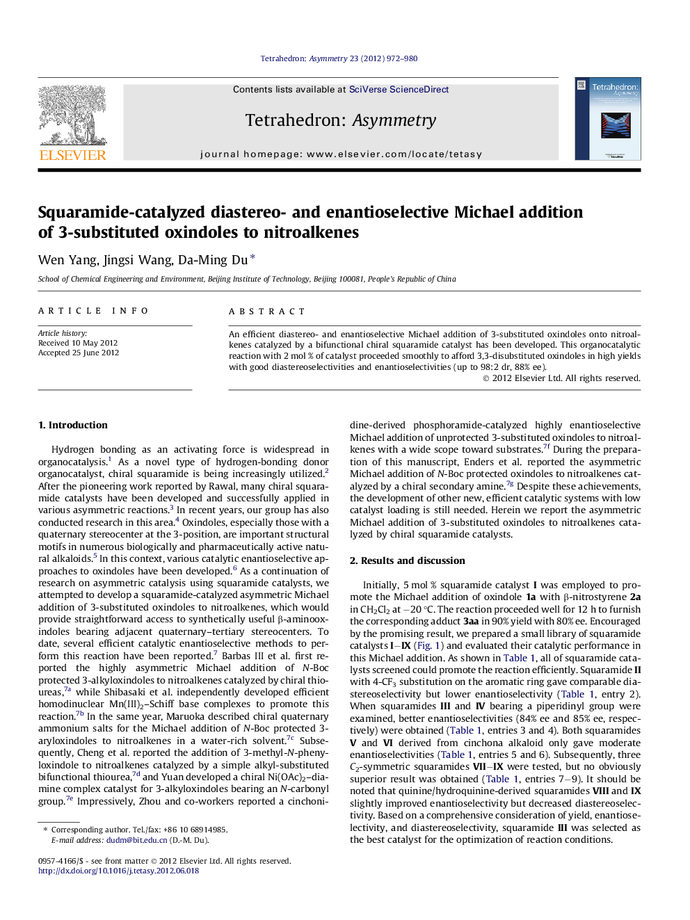 Squaramide-catalyzed diastereo- and enantioselective Michael addition of 3-substituted oxindoles to nitroalkenes