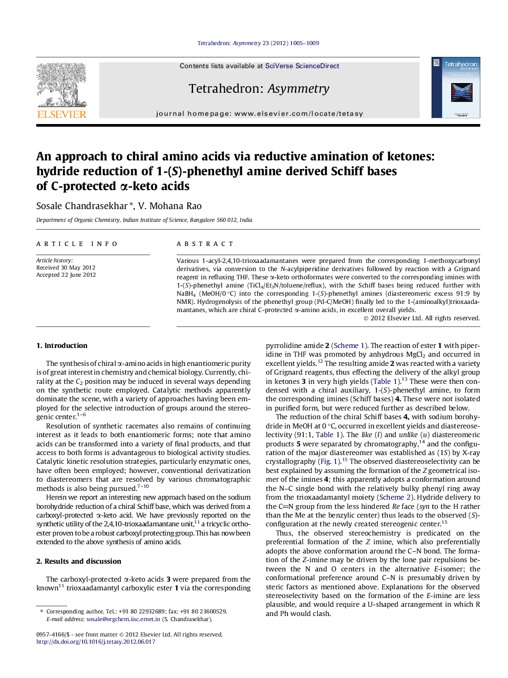 An approach to chiral amino acids via reductive amination of ketones: hydride reduction of 1-(S)-phenethyl amine derived Schiff bases of C-protected α-keto acids
