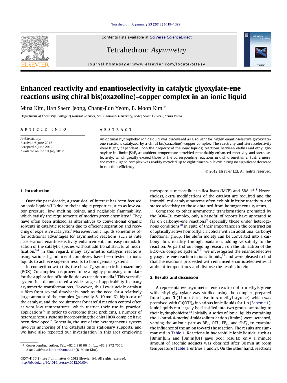 Enhanced reactivity and enantioselectivity in catalytic glyoxylate-ene reactions using chiral bis(oxazoline)–copper complex in an ionic liquid
