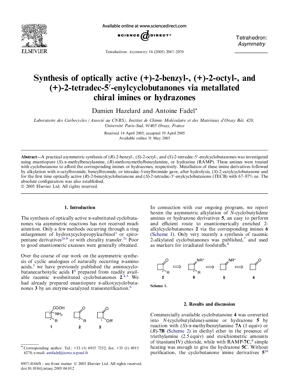 Synthesis of optically active (+)-2-benzyl-, (+)-2-octyl-, and (+)-2-tetradec-5′-enylcyclobutanones via metallated chiral imines or hydrazones