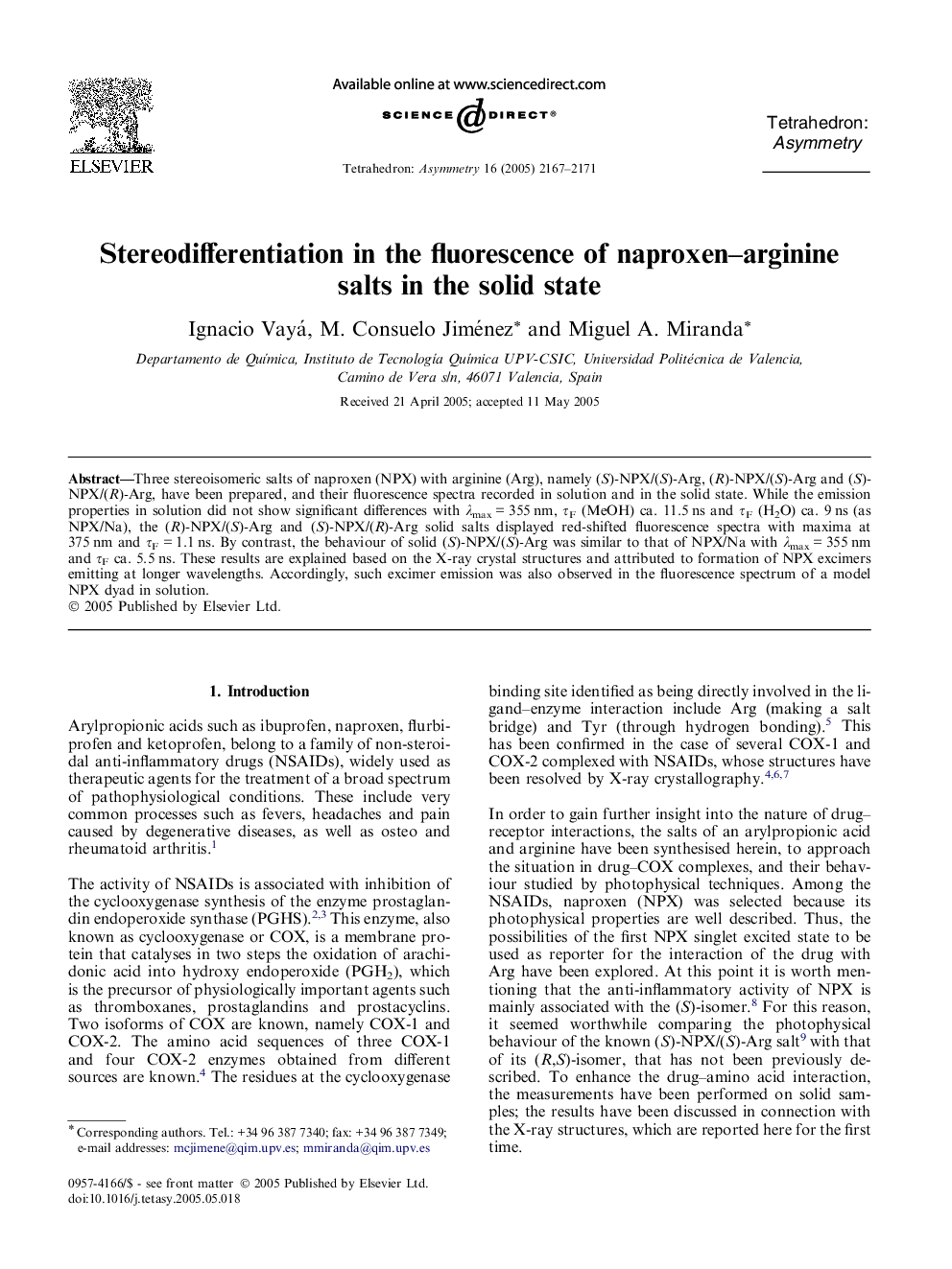 Stereodifferentiation in the fluorescence of naproxen–arginine salts in the solid state