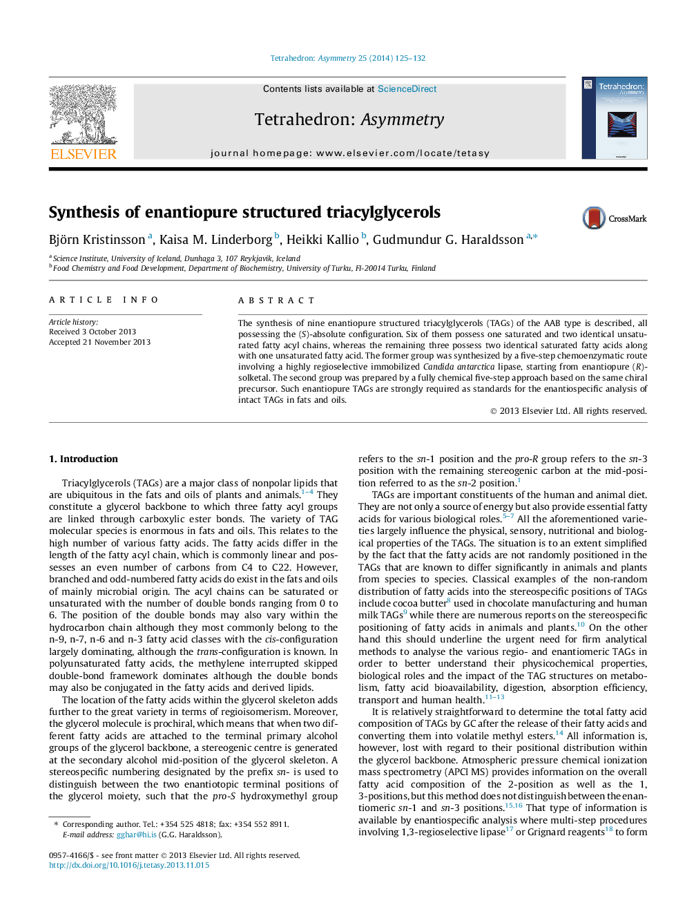 Synthesis of enantiopure structured triacylglycerols