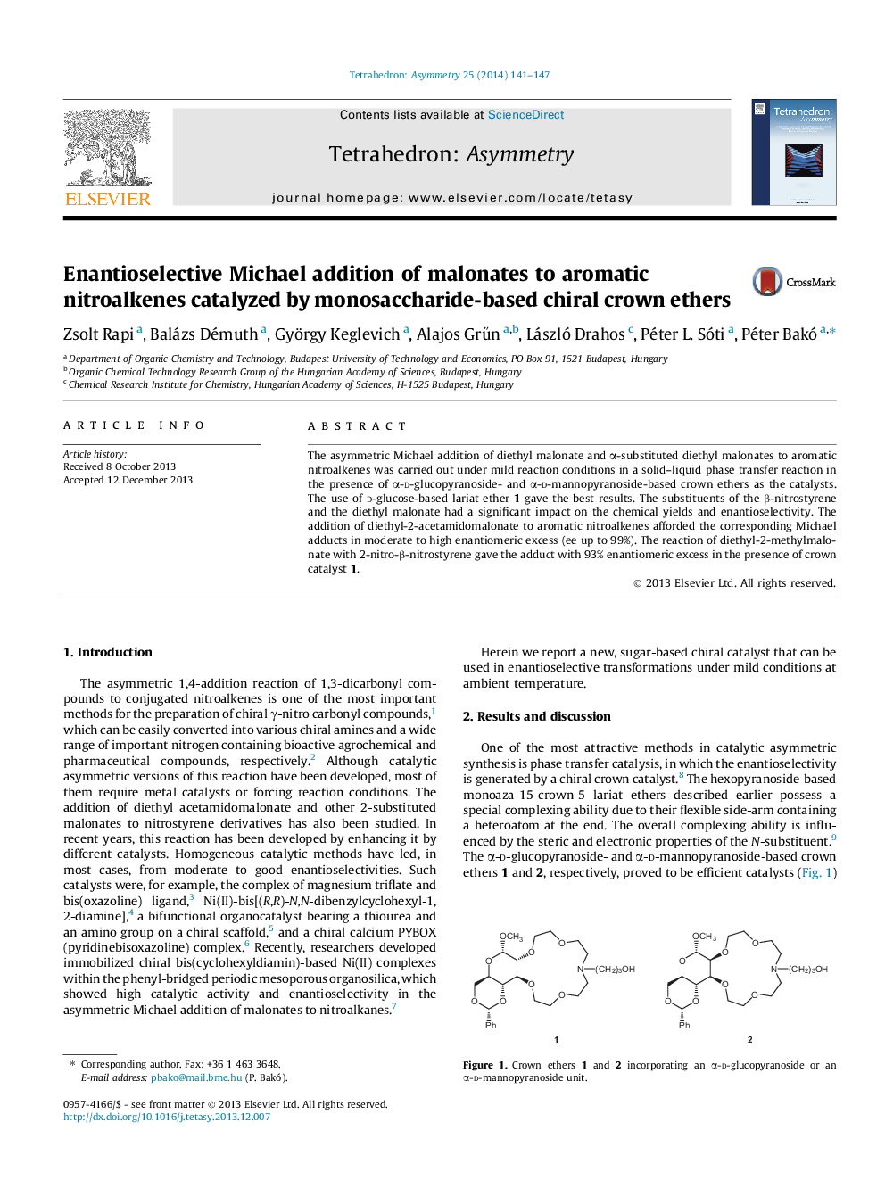 Enantioselective Michael addition of malonates to aromatic nitroalkenes catalyzed by monosaccharide-based chiral crown ethers