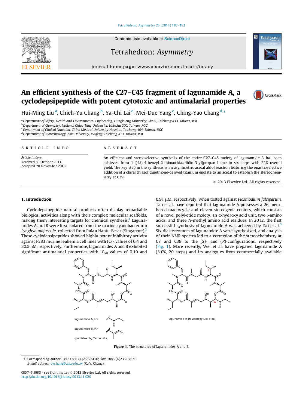 An efficient synthesis of the C27–C45 fragment of lagunamide A, a cyclodepsipeptide with potent cytotoxic and antimalarial properties