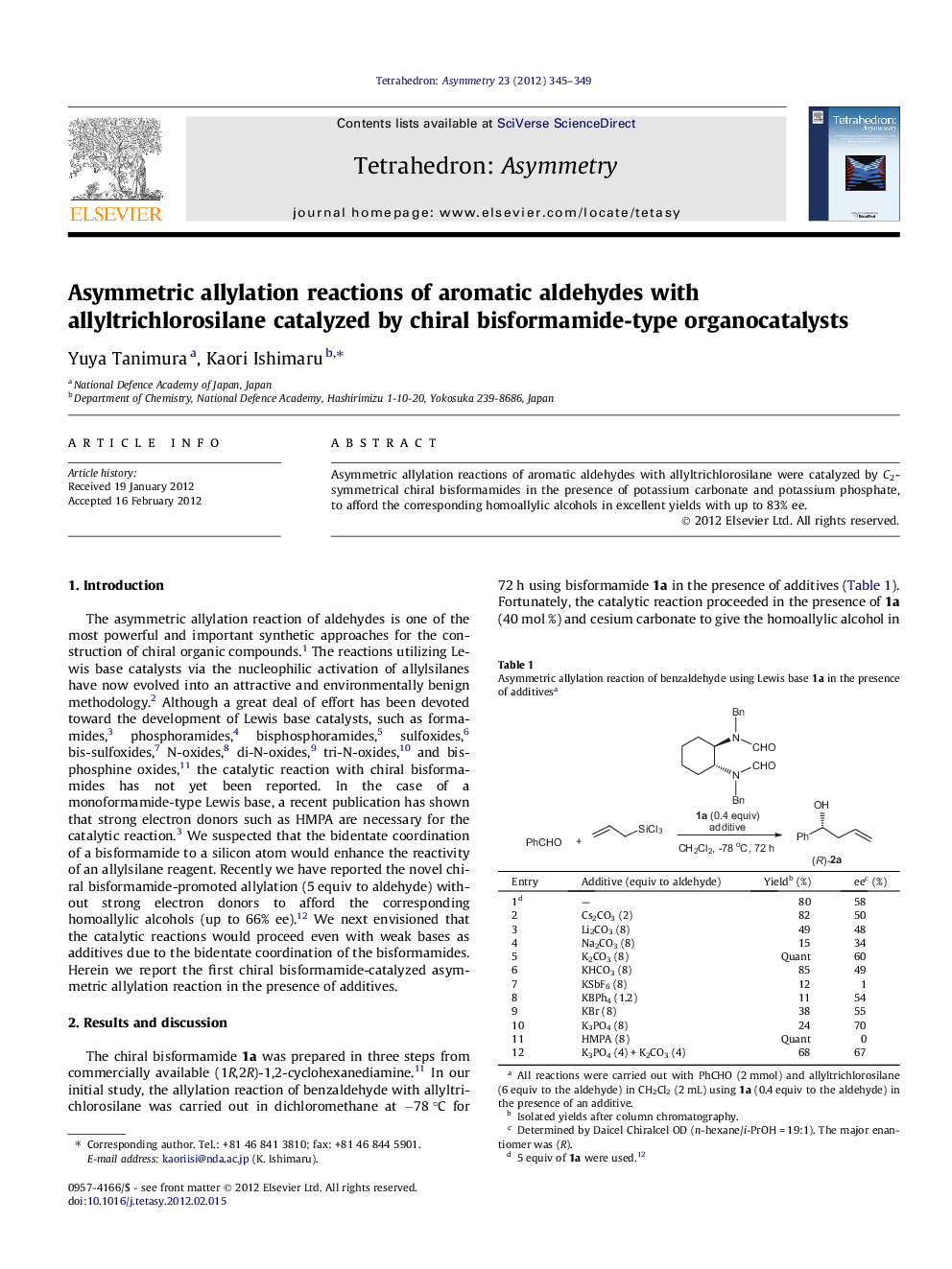 Asymmetric allylation reactions of aromatic aldehydes with allyltrichlorosilane catalyzed by chiral bisformamide-type organocatalysts