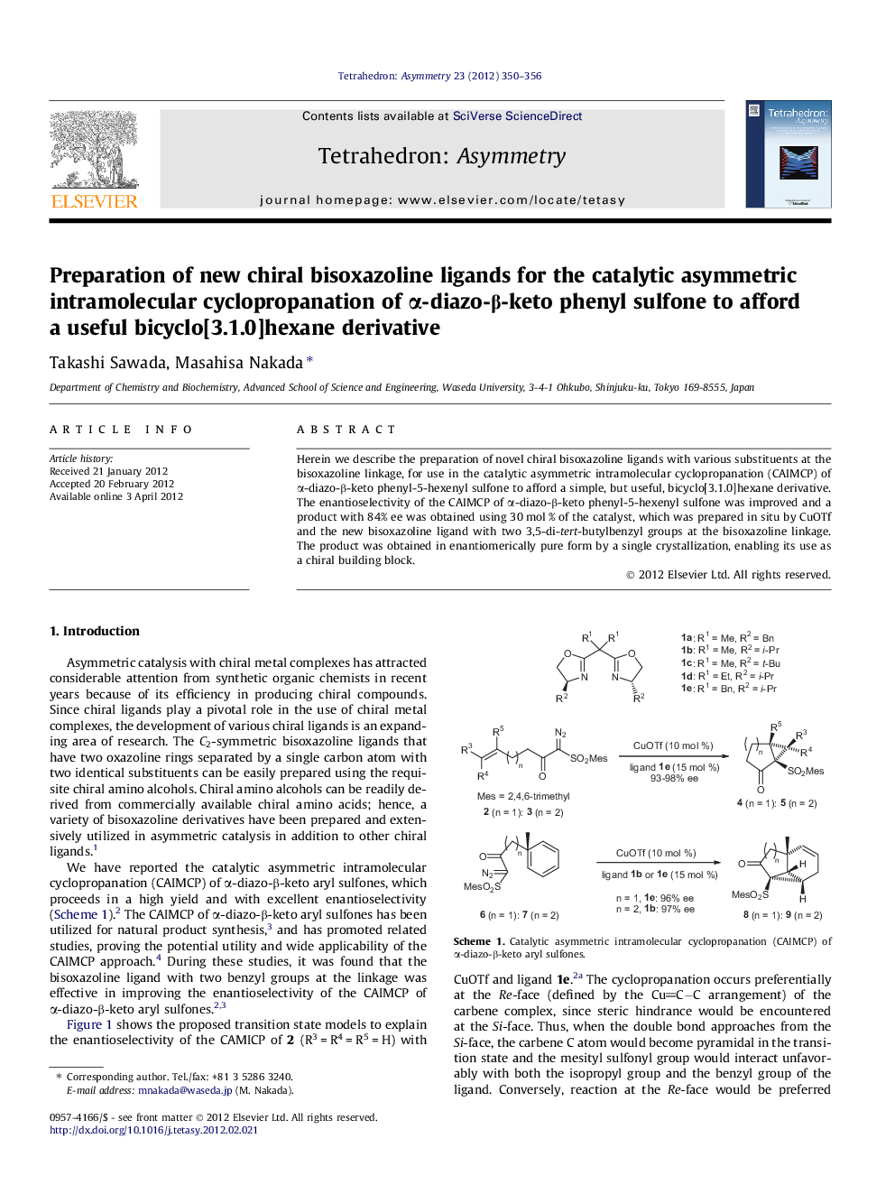 Preparation of new chiral bisoxazoline ligands for the catalytic asymmetric intramolecular cyclopropanation of α-diazo-β-keto phenyl sulfone to afford a useful bicyclo[3.1.0]hexane derivative