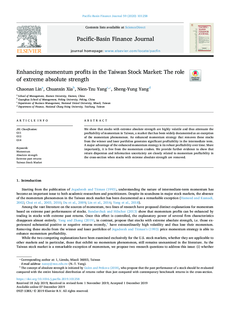 Enhancing momentum profits in the Taiwan Stock Market: The role of extreme absolute strength