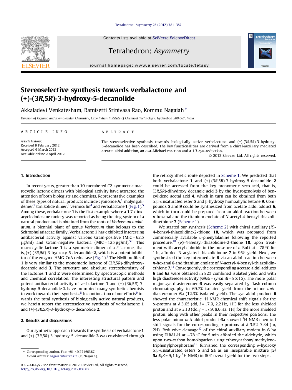 Stereoselective synthesis towards verbalactone and (+)-(3R,5R)-3-hydroxy-5-decanolide