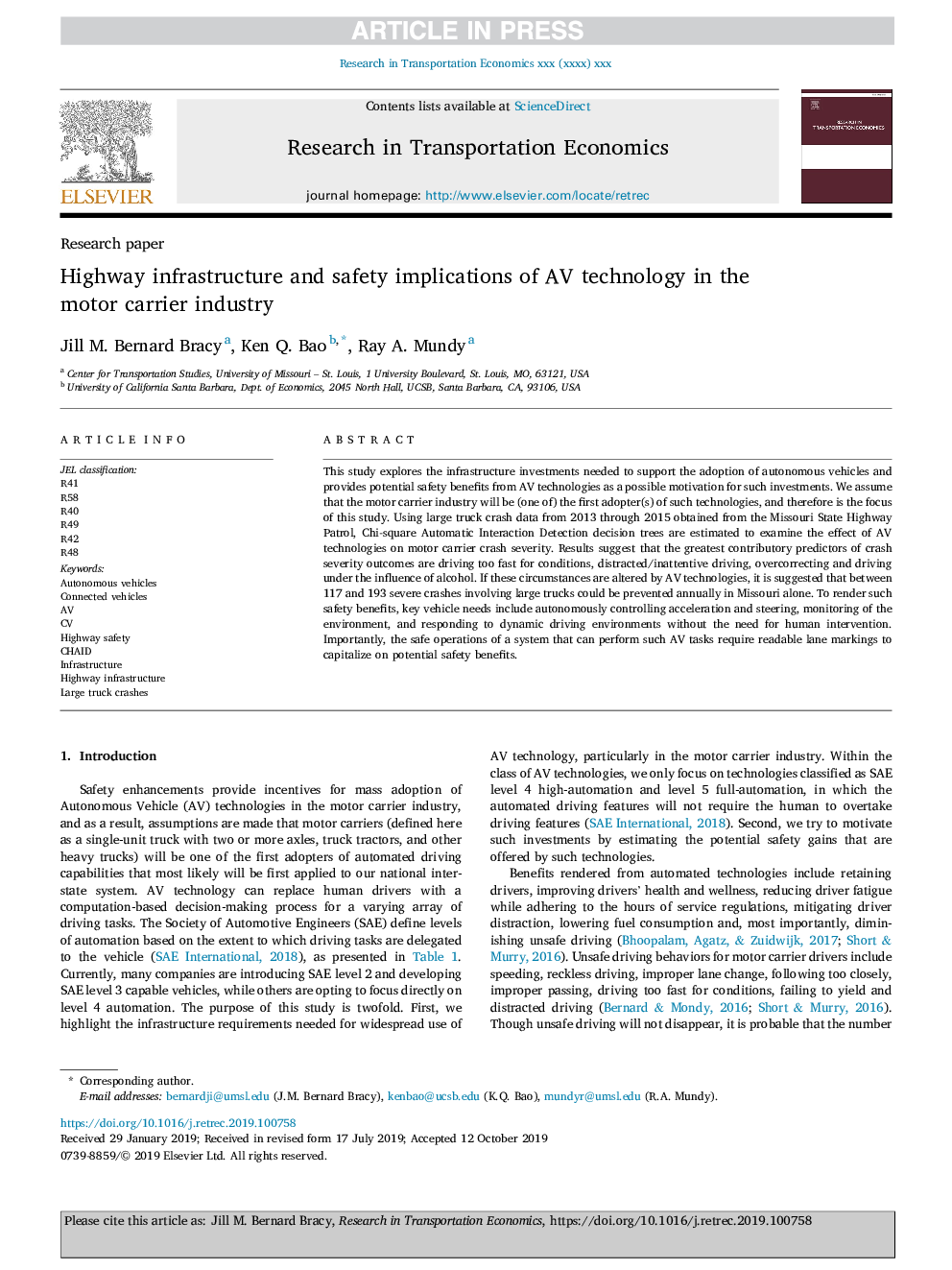 Highway infrastructure and safety implications of AV technology in the motor carrier industry