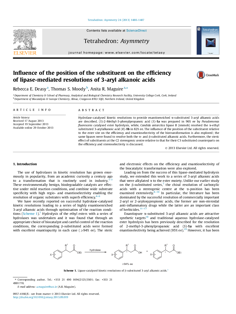 Influence of the position of the substituent on the efficiency of lipase-mediated resolutions of 3-aryl alkanoic acids