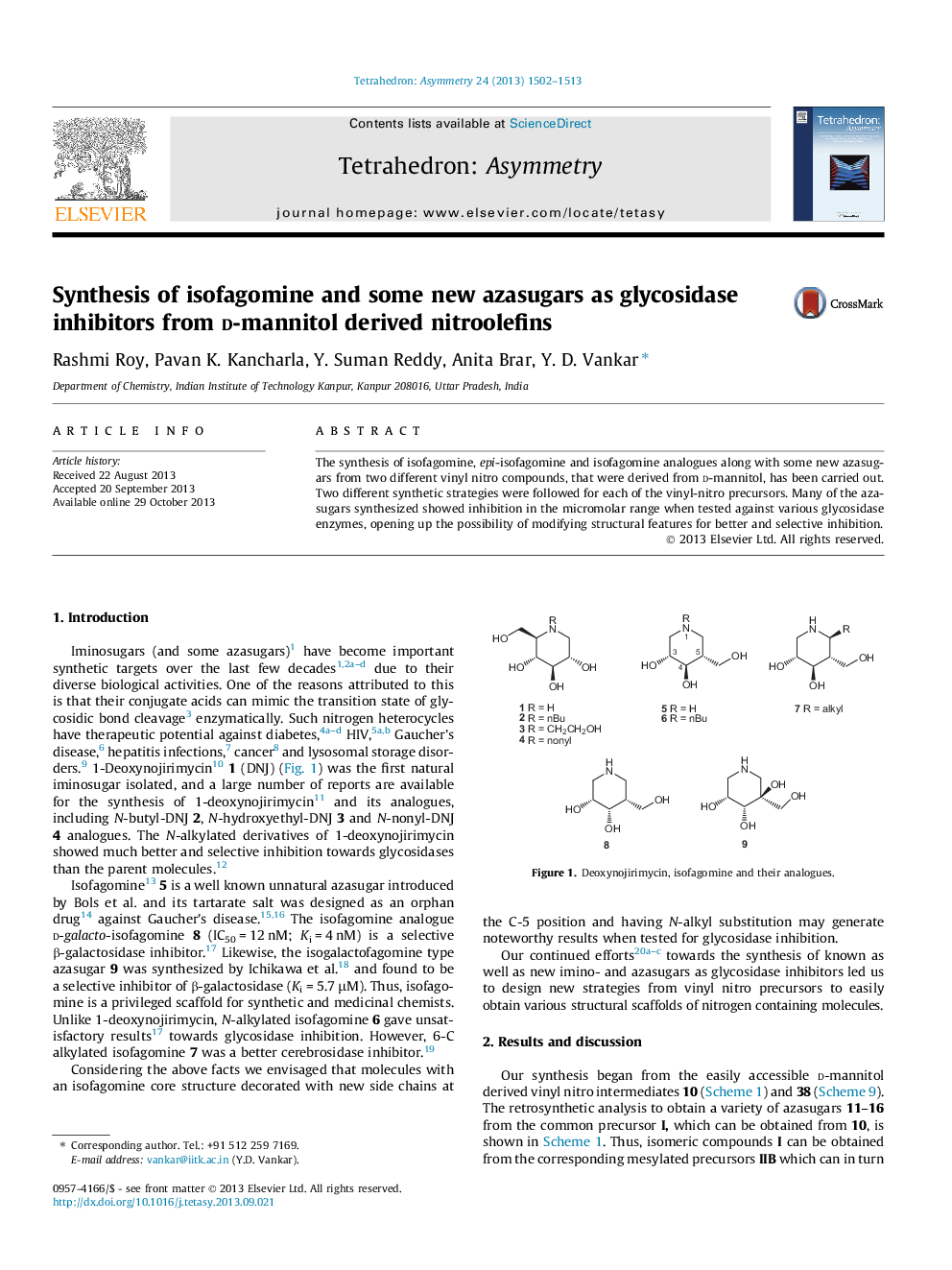 Synthesis of isofagomine and some new azasugars as glycosidase inhibitors from d-mannitol derived nitroolefins