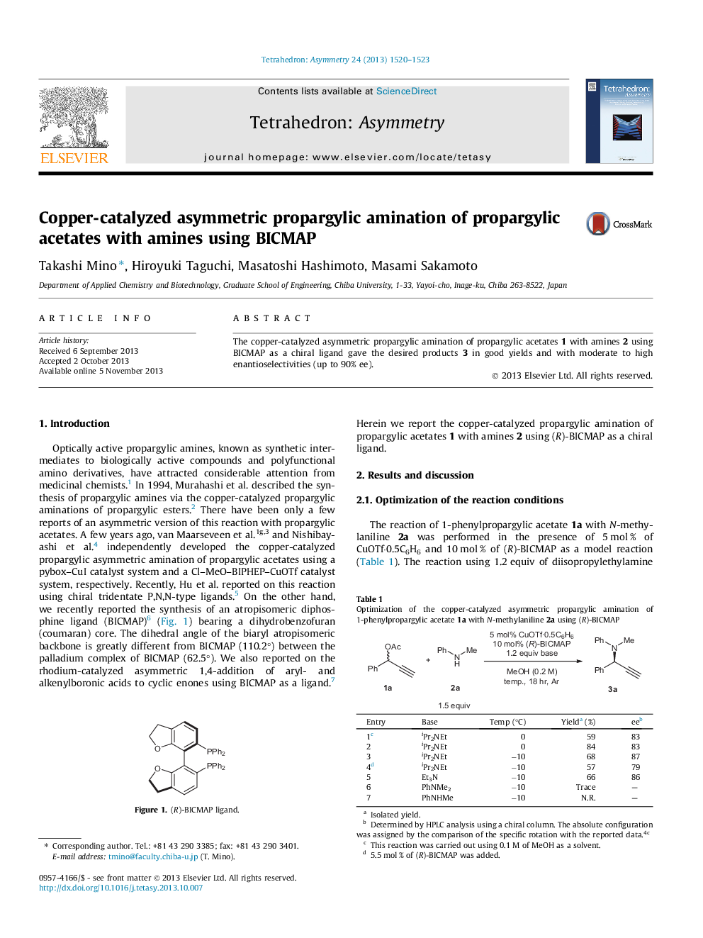 Copper-catalyzed asymmetric propargylic amination of propargylic acetates with amines using BICMAP