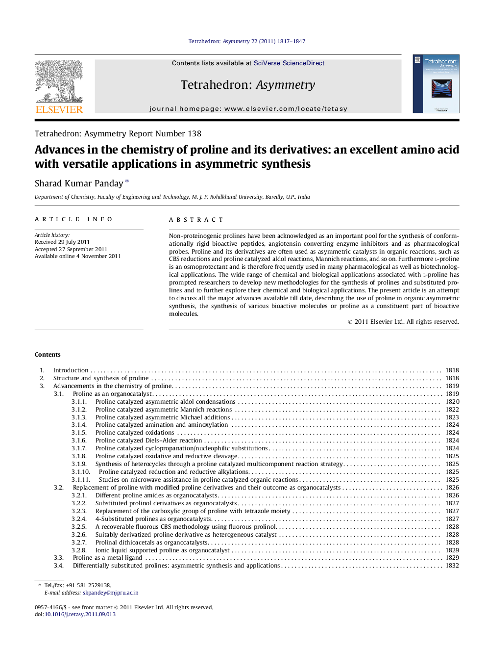 Advances in the chemistry of proline and its derivatives: an excellent amino acid with versatile applications in asymmetric synthesis