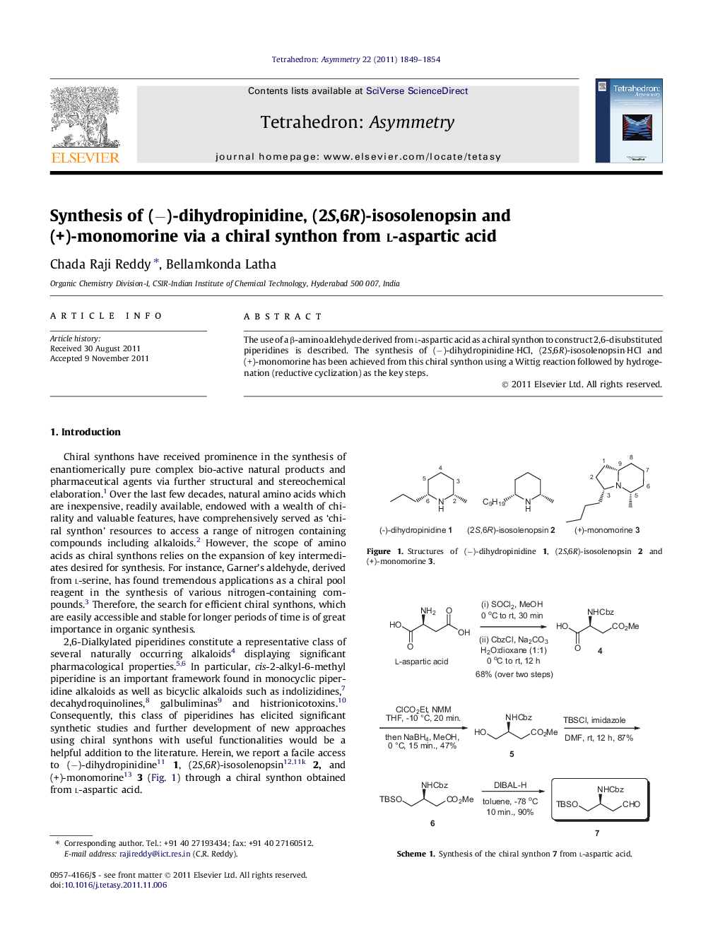 Synthesis of (−)-dihydropinidine, (2S,6R)-isosolenopsin and (+)-monomorine via a chiral synthon from l-aspartic acid