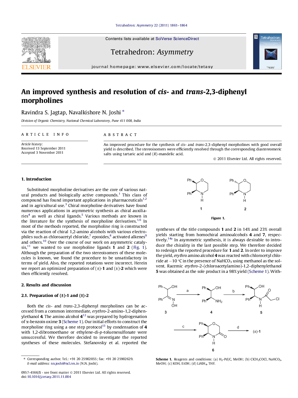 An improved synthesis and resolution of cis- and trans-2,3-diphenyl morpholines