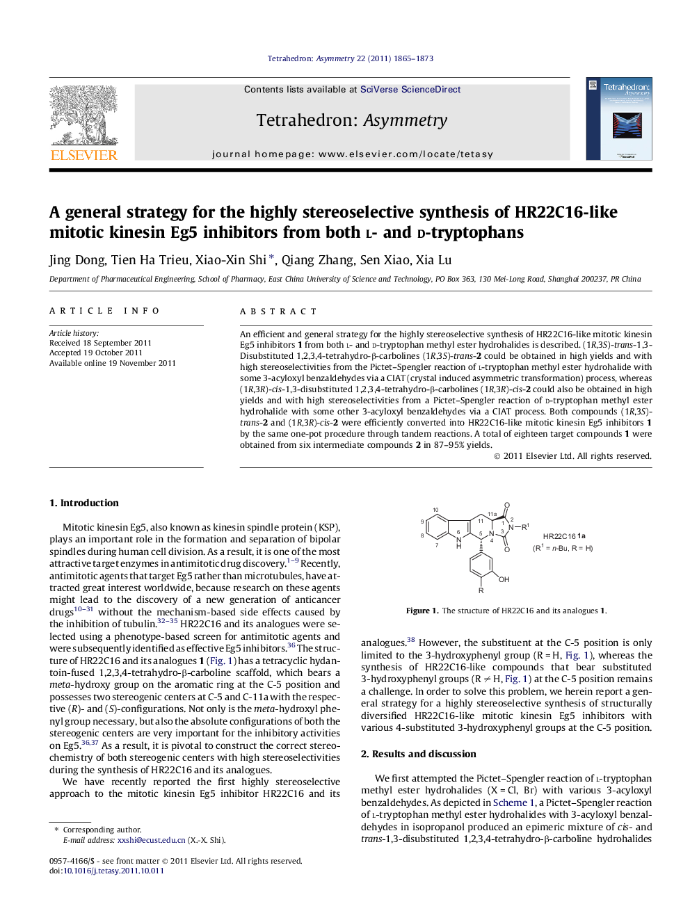 A general strategy for the highly stereoselective synthesis of HR22C16-like mitotic kinesin Eg5 inhibitors from both l- and d-tryptophans