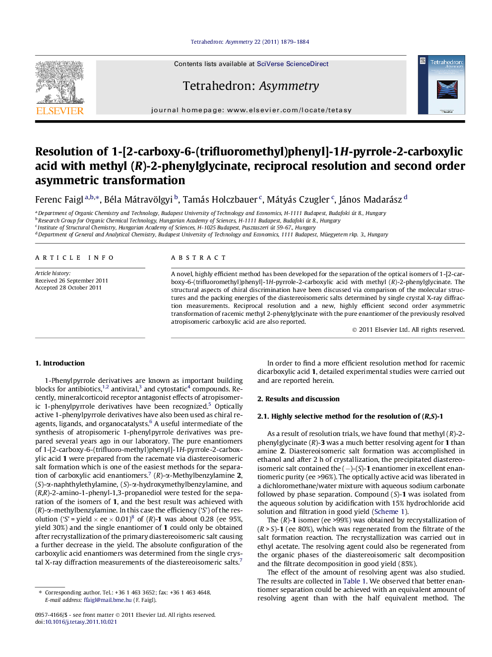 Resolution of 1-[2-carboxy-6-(trifluoromethyl)phenyl]-1H-pyrrole-2-carboxylic acid with methyl (R)-2-phenylglycinate, reciprocal resolution and second order asymmetric transformation