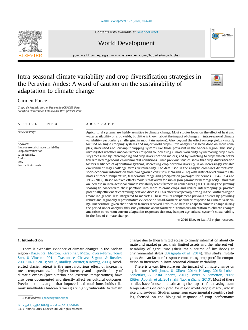 Intra-seasonal climate variability and crop diversification strategies in the Peruvian Andes: A word of caution on the sustainability of adaptation to climate change