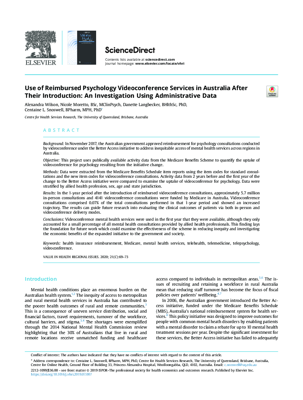 Use of Reimbursed Psychology Videoconference Services in Australia After Their Introduction: An Investigation Using Administrative Data