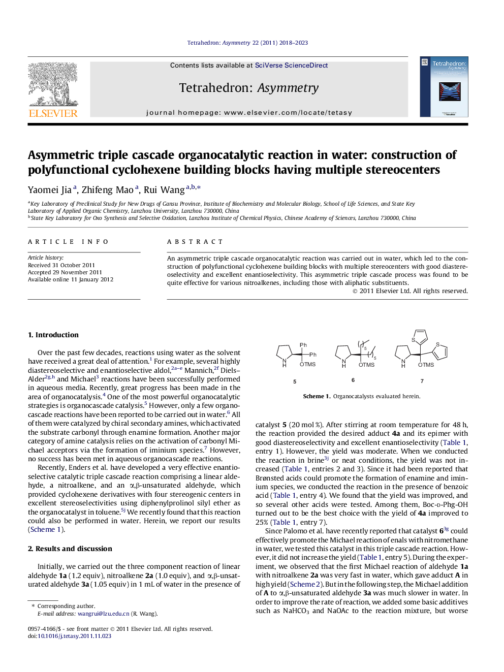Asymmetric triple cascade organocatalytic reaction in water: construction of polyfunctional cyclohexene building blocks having multiple stereocenters