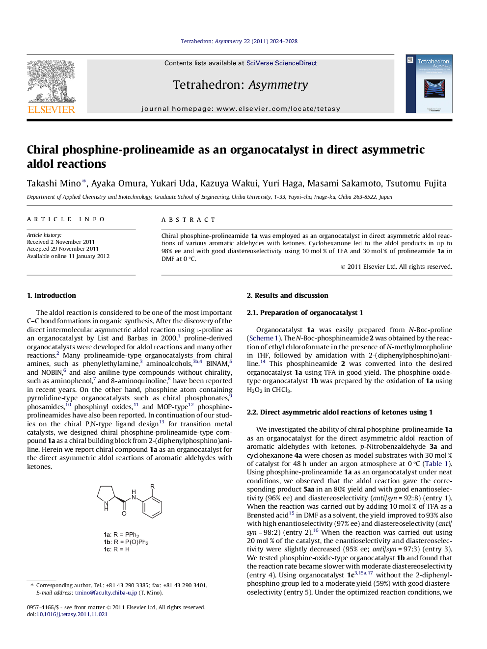 Chiral phosphine-prolineamide as an organocatalyst in direct asymmetric aldol reactions