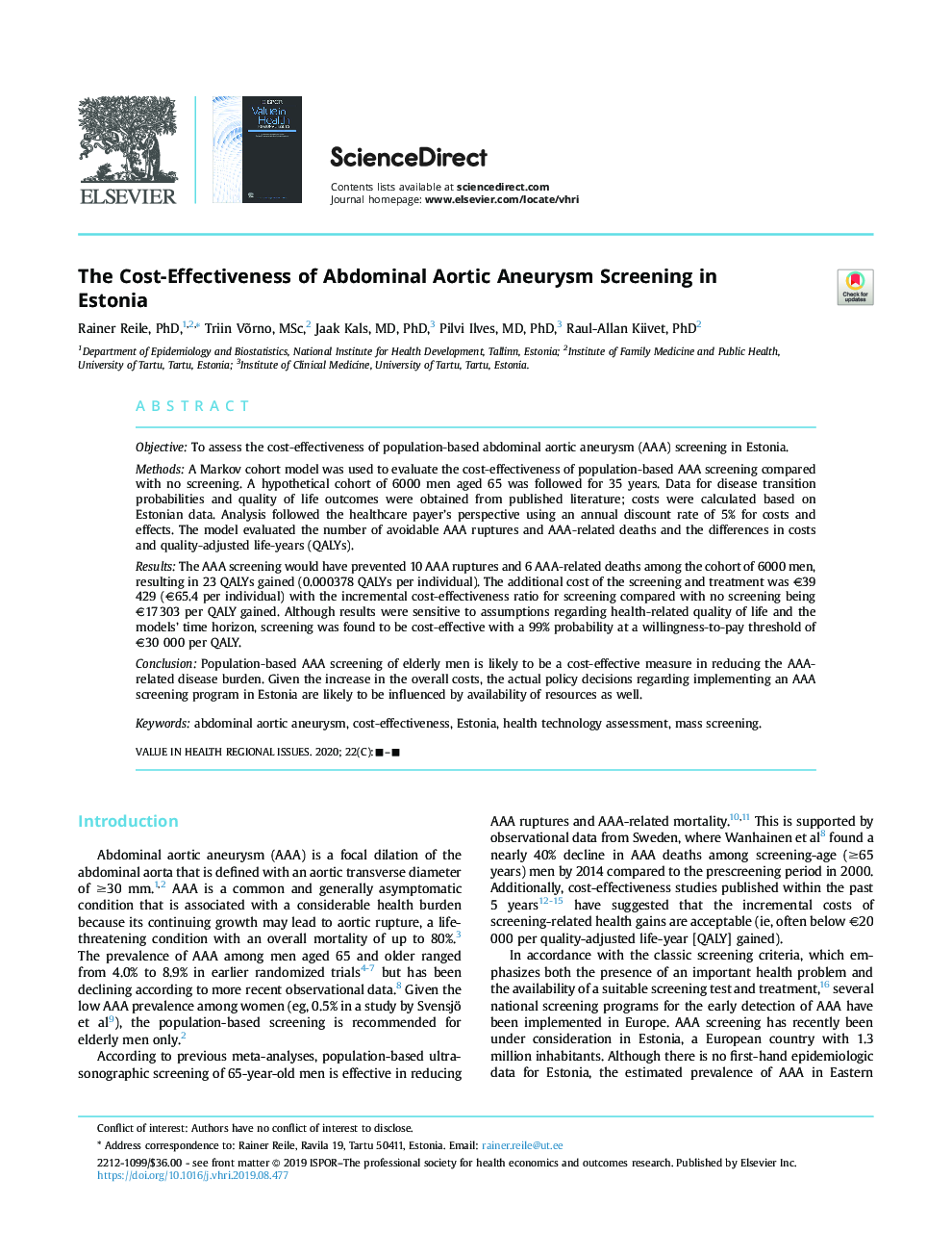 The Cost-Effectiveness of Abdominal Aortic Aneurysm Screening in Estonia