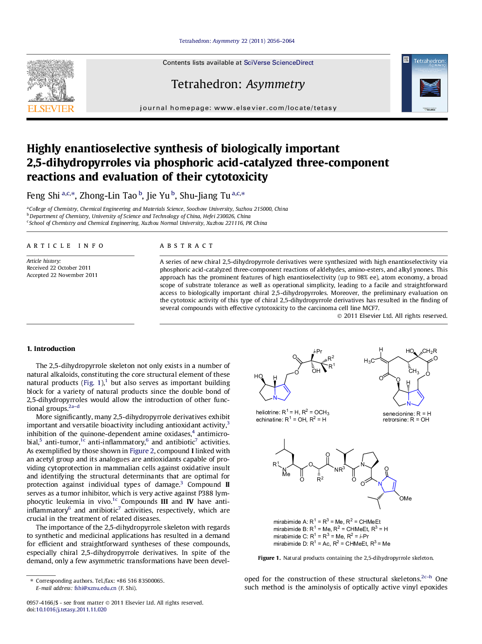 Highly enantioselective synthesis of biologically important 2,5-dihydropyrroles via phosphoric acid-catalyzed three-component reactions and evaluation of their cytotoxicity