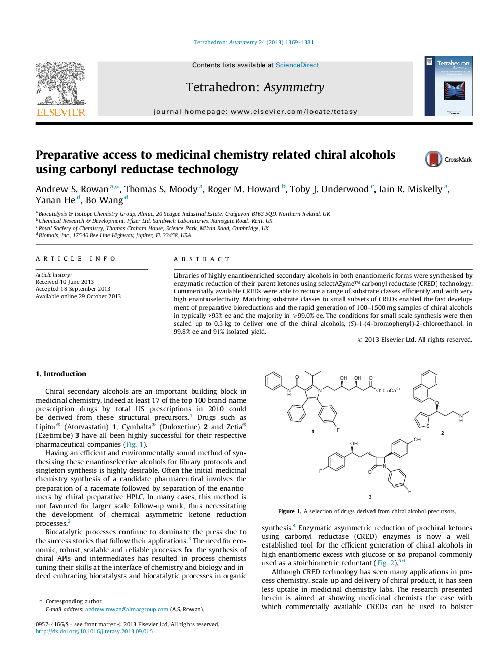Preparative access to medicinal chemistry related chiral alcohols using carbonyl reductase technology