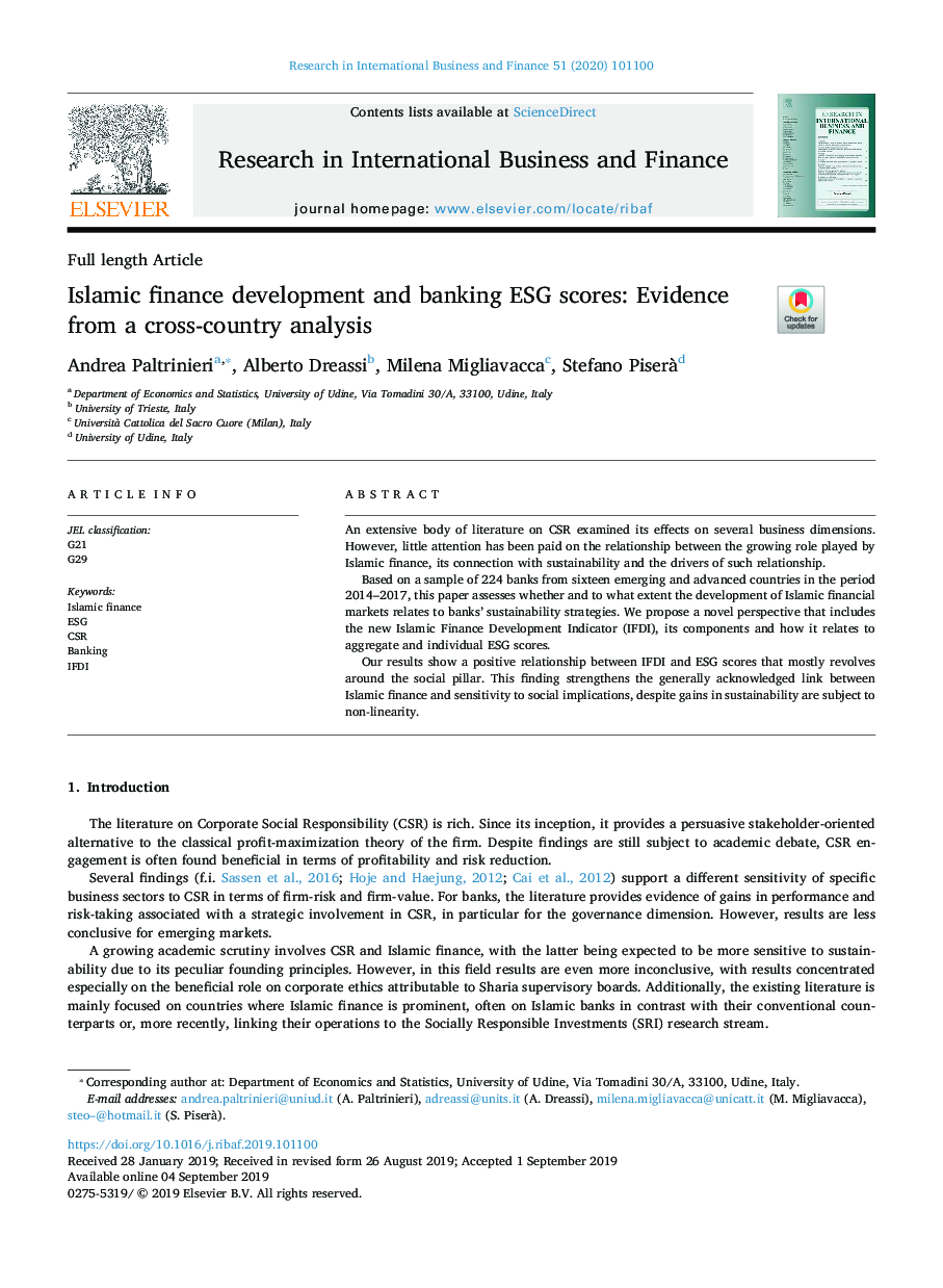 Islamic finance development and banking ESG scores: Evidence from a cross-country analysis