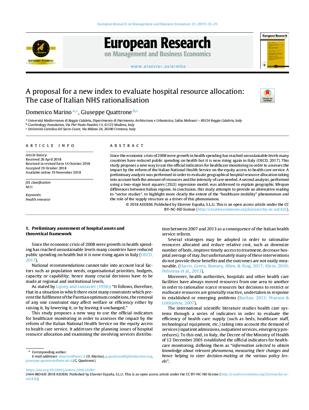 A proposal for a new index to evaluate hospital resource allocation: The case of Italian NHS rationalisation