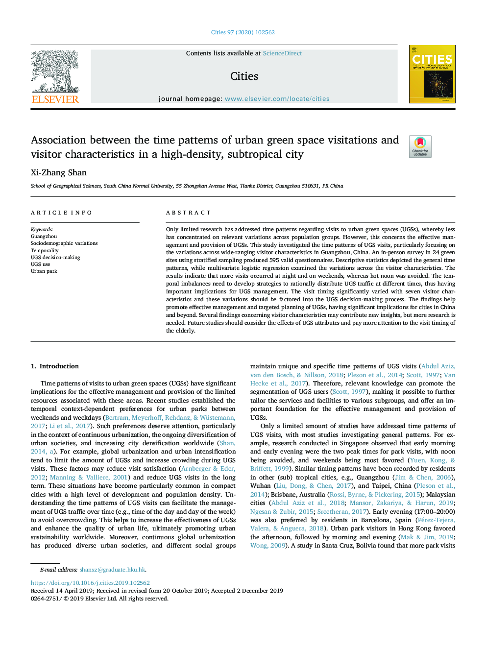 Association between the time patterns of urban green space visitations and visitor characteristics in a high-density, subtropical city