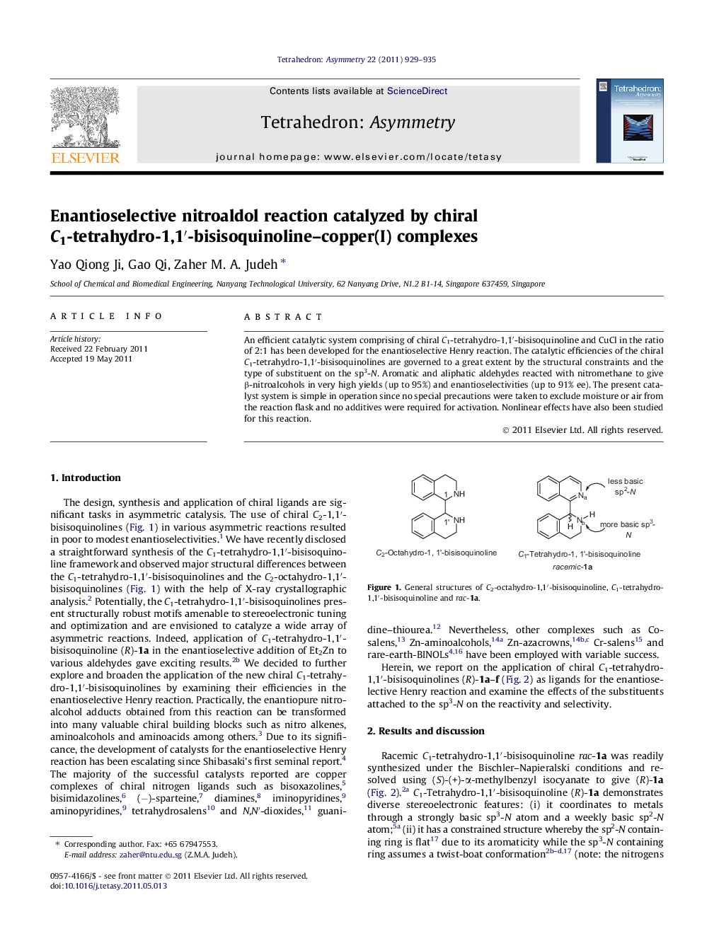 Enantioselective nitroaldol reaction catalyzed by chiral C1-tetrahydro-1,1â²-bisisoquinoline-copper(I) complexes