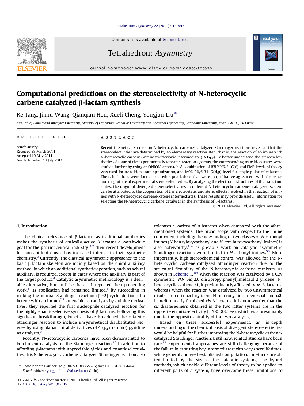 Computational predictions on the stereoselectivity of N-heterocyclic carbene catalyzed β-lactam synthesis