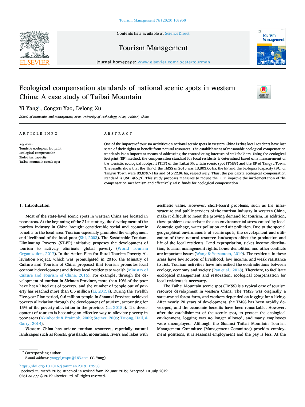 Ecological compensation standards of national scenic spots in western China: A case study of Taibai Mountain